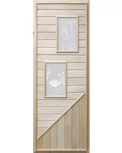 Дверь для бани и сауны с двумя прямоугольными вставками с сюжетом