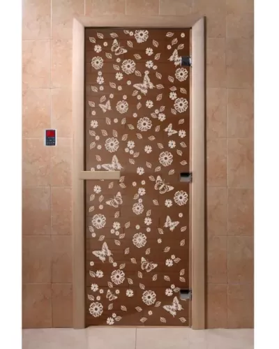 Дверь для бани и сауны "Цветы и бабочки бронза"