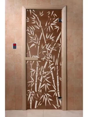 Дверь для бани и сауны "Бамбук и бабочки" бронза 1900х700, 6мм, 2 петли Ольха - DoorWood