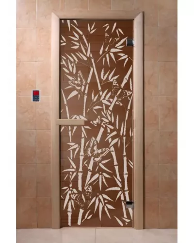 Дверь для бани и сауны "Бамбук и бабочки" бронза 1900*700, 6мм, 2 петли