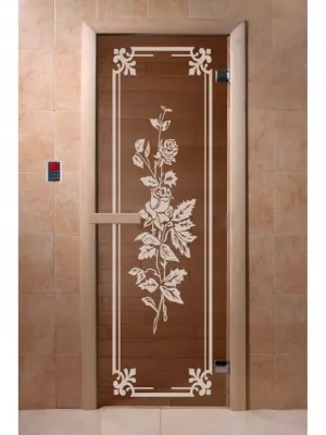 Дверь для бани и сауны "Розы" бронза 1900х700, 6мм, 2 петли Ольха - DoorWood