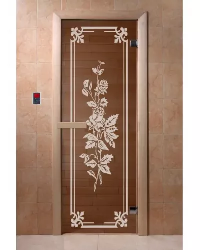Дверь для бани и сауны "Розы" бронза 1900*700, 6мм, 2 петли