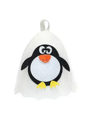 Шапка банная с аппликацией Пингвин, войлок белый (Б41005)