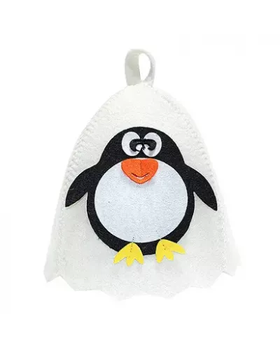 Шапка банная с аппликацией Пингвин, войлок белый (Б41005)